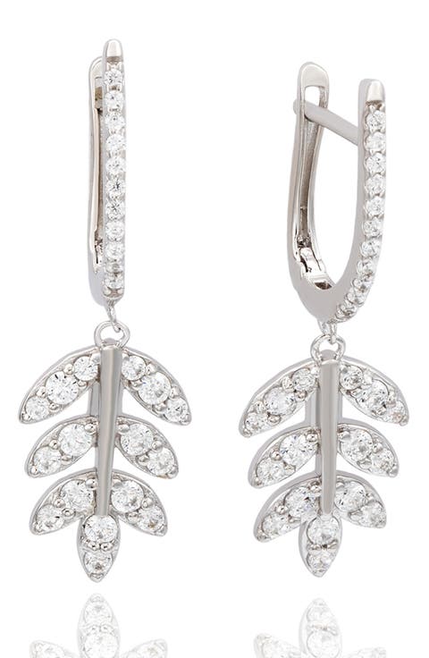Cubic Zirconia Feather Drop Huggie Hoop Earrings