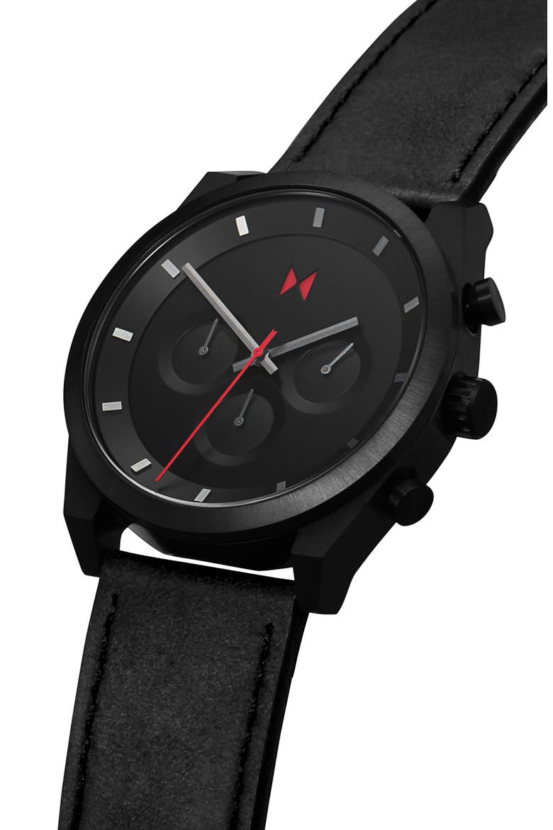 MVMT Element Chronograph Leather Strap Watch, 44mm, Alternate, color, BLACK
