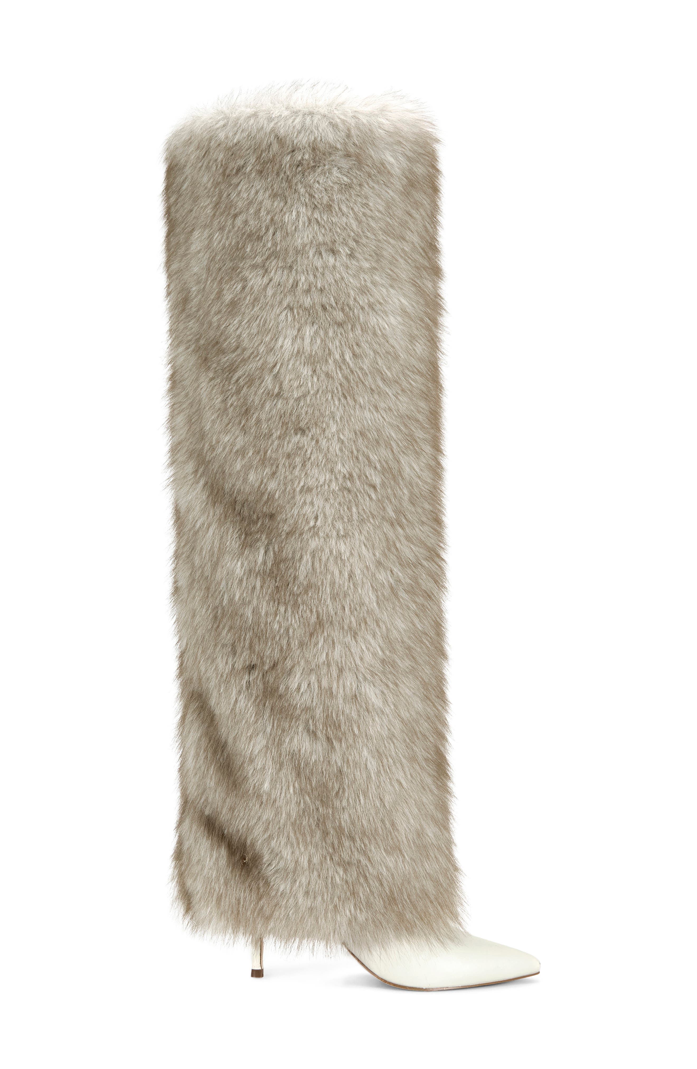 AZALEA WANG Langann Faux Fur Stiletto Boot, Alternate, color, Bone