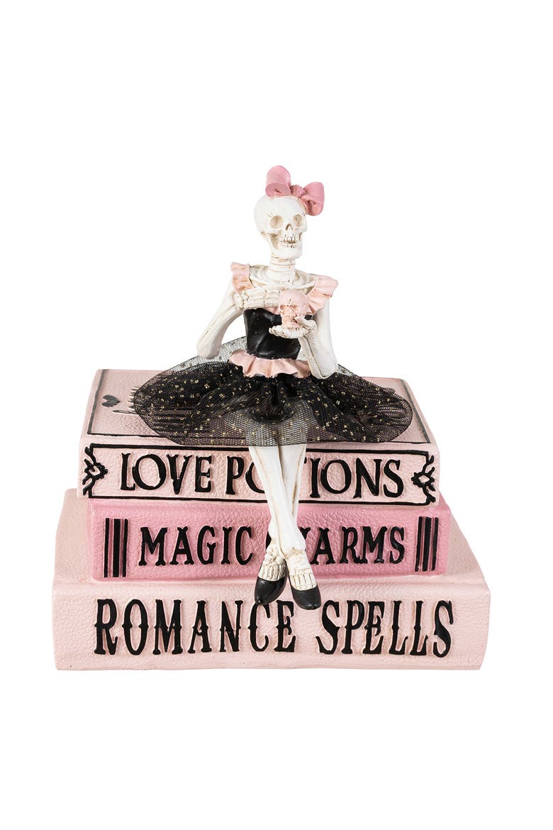 Halloween Polyresin Pink Skeleton Ballerina on Books Table Decor, Alternate, color, Pink