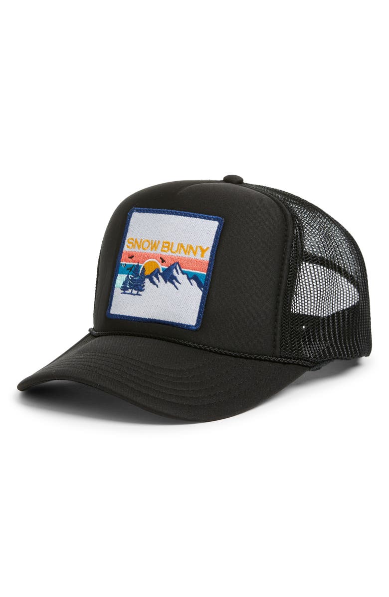 Friday Feelin’ Snow Bunny Patch Trucker Hat, Main, color, Black