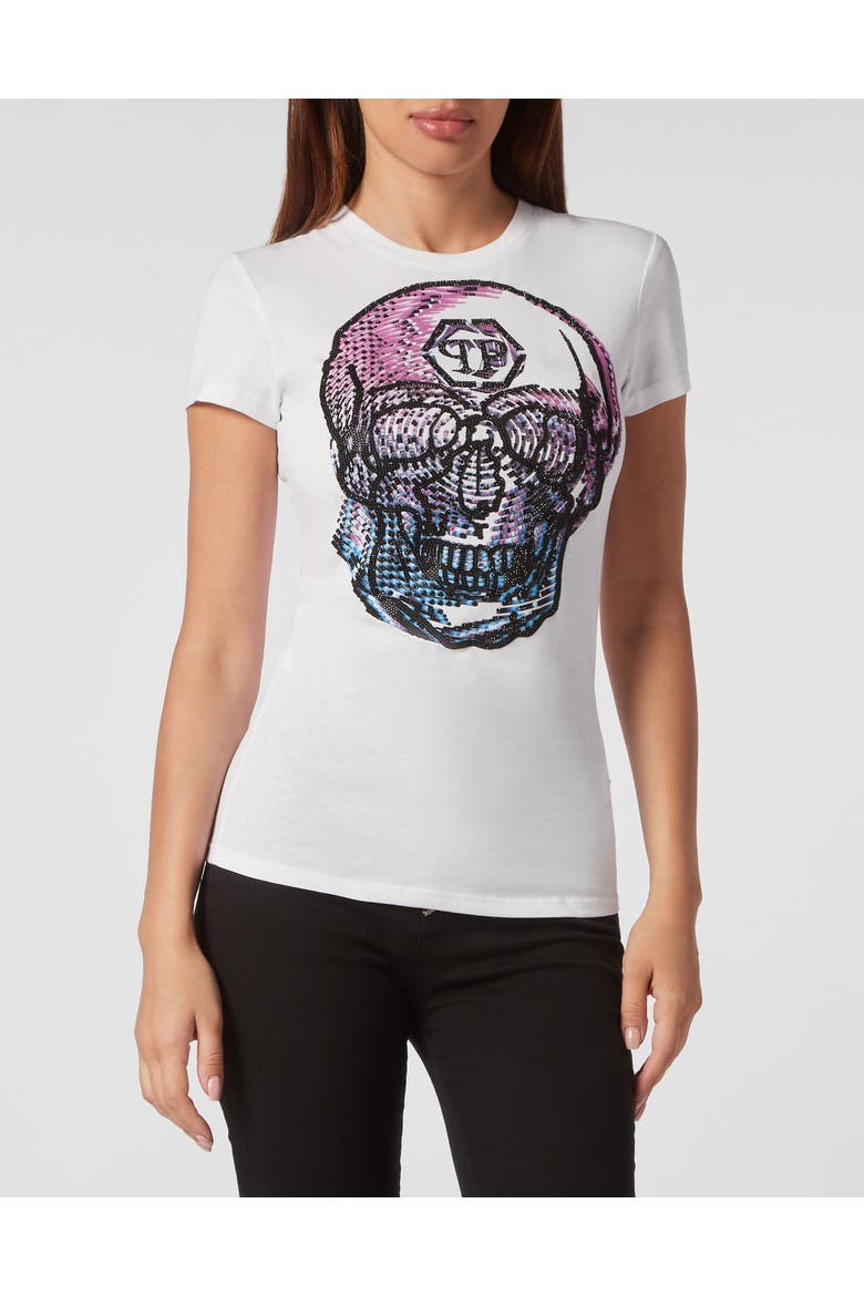 T-Shirt Round Neck Skull Women, Main, color, white