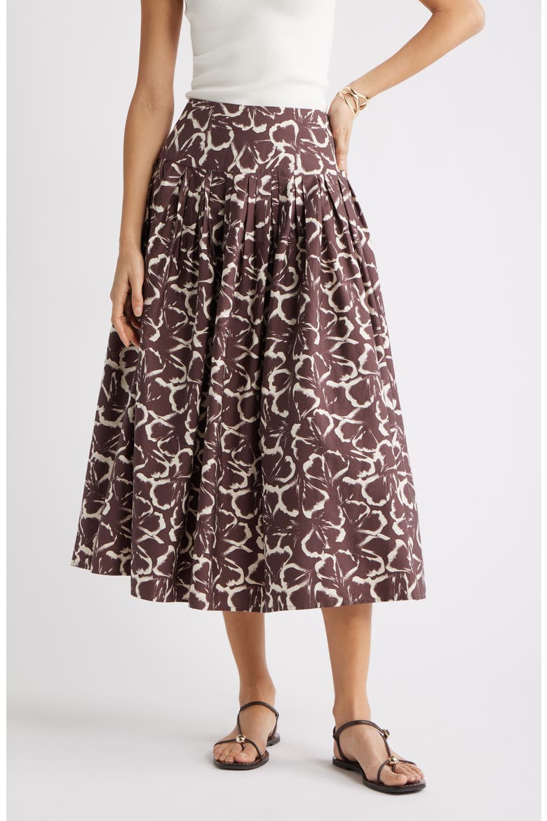 Pleated Cotton Poplin Skirt, Main, color, BROWN FLOATING GINKO