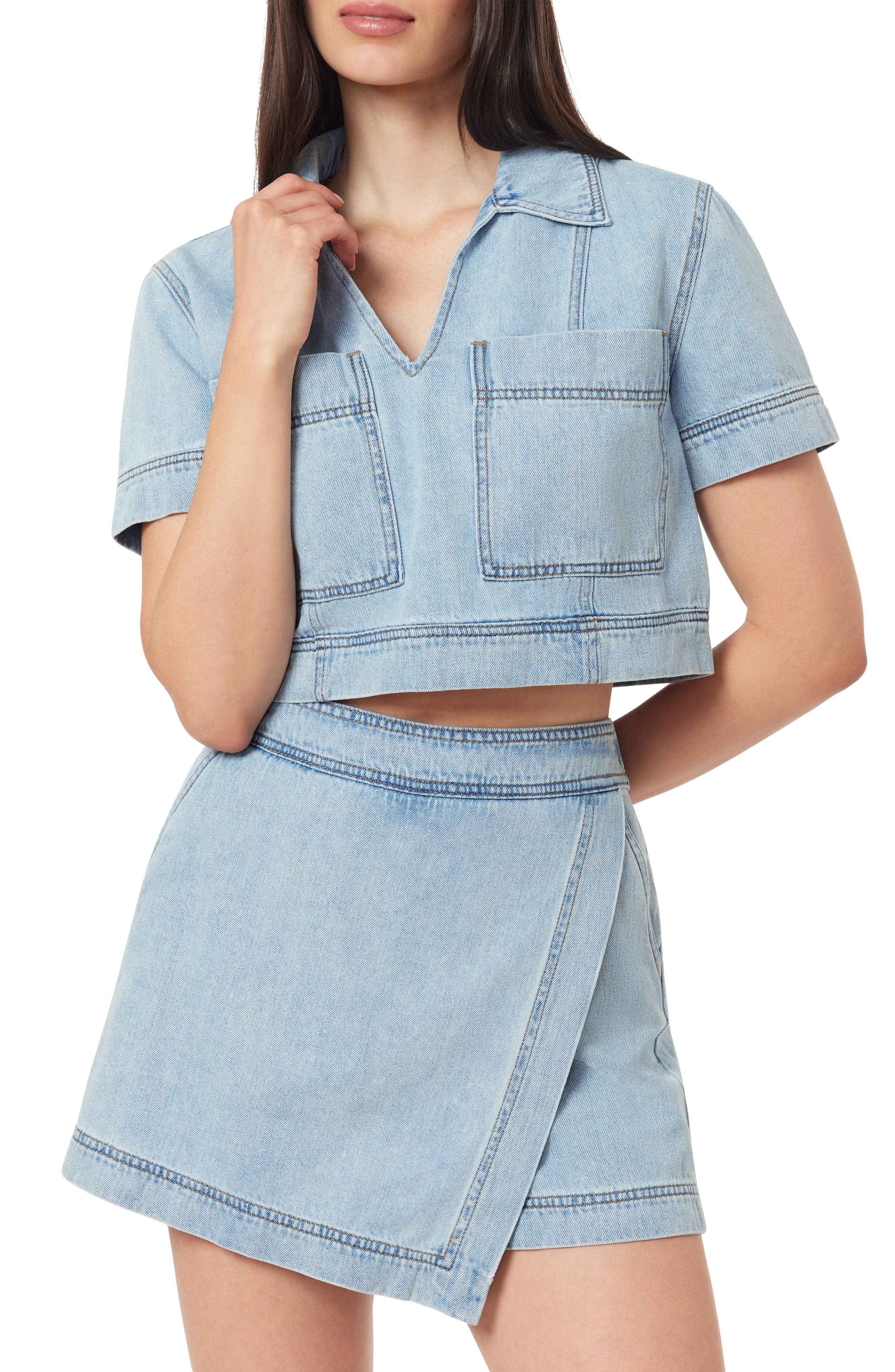 Kensie Short Sleeve Denim Crop Top