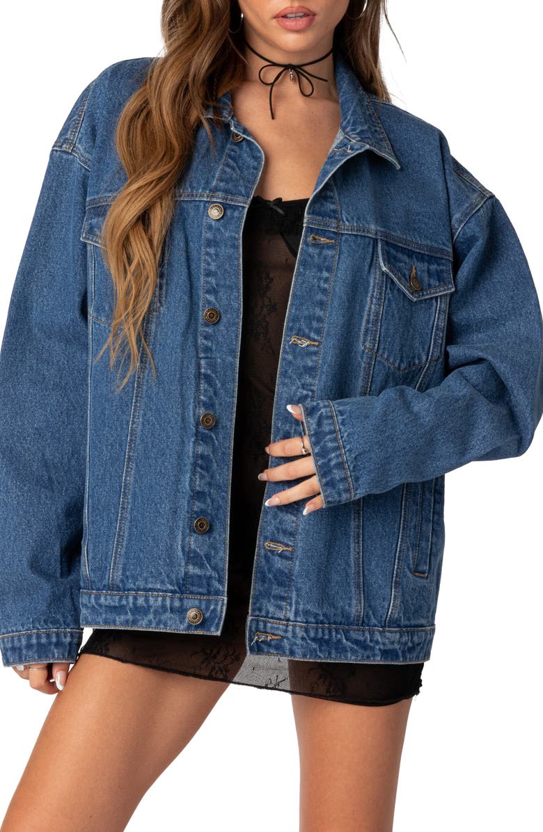 EDIKTED Dalia Oversize Denim Jacket, Main, color, Dark-Blue