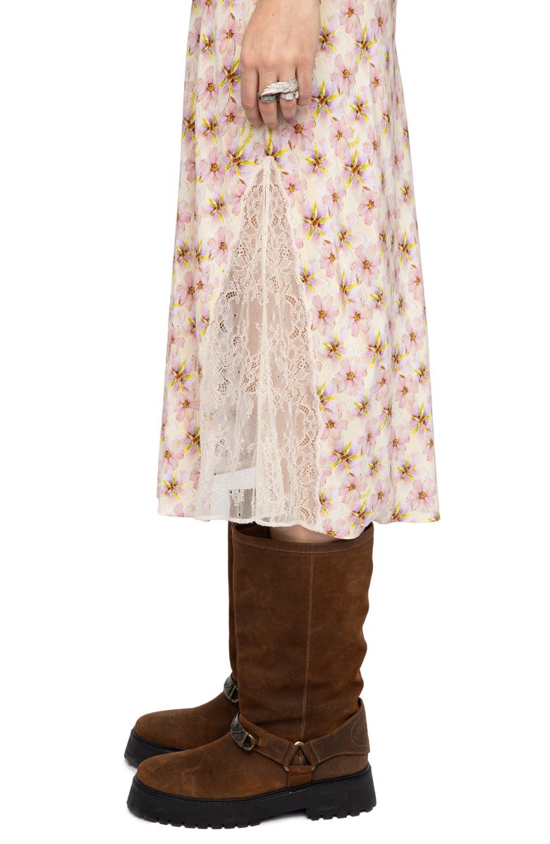 Zadig & Voltaire Jayla Mirror Flowers Lace Trim Crepe Midi Skirt, Alternate, color, Pear