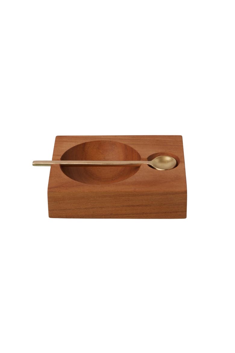 Teak Plank Spice Cellar with Gold Spoon, Main, color, Gold