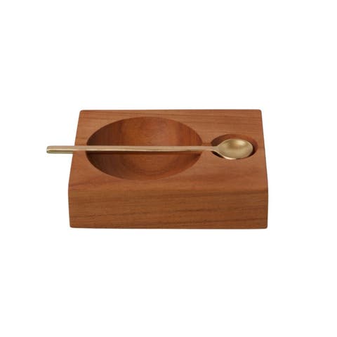 Teak Plank Spice Cellar with Gold Spoon