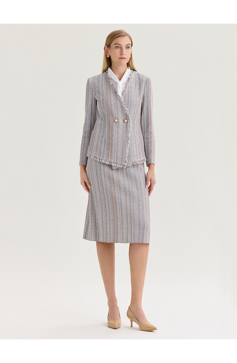 Misook Asymmetrical Fringe Trim Knit Jacket, Alternate, color, Biscotti/Powder Blue