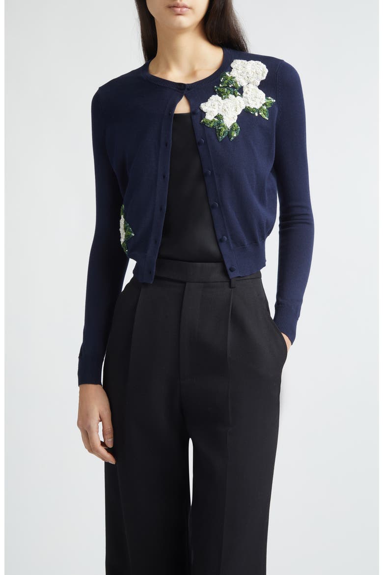 Rose Embroidered Appliqué Silk & Cotton Crop Cardigan, Main, color, MIDNIGHT
