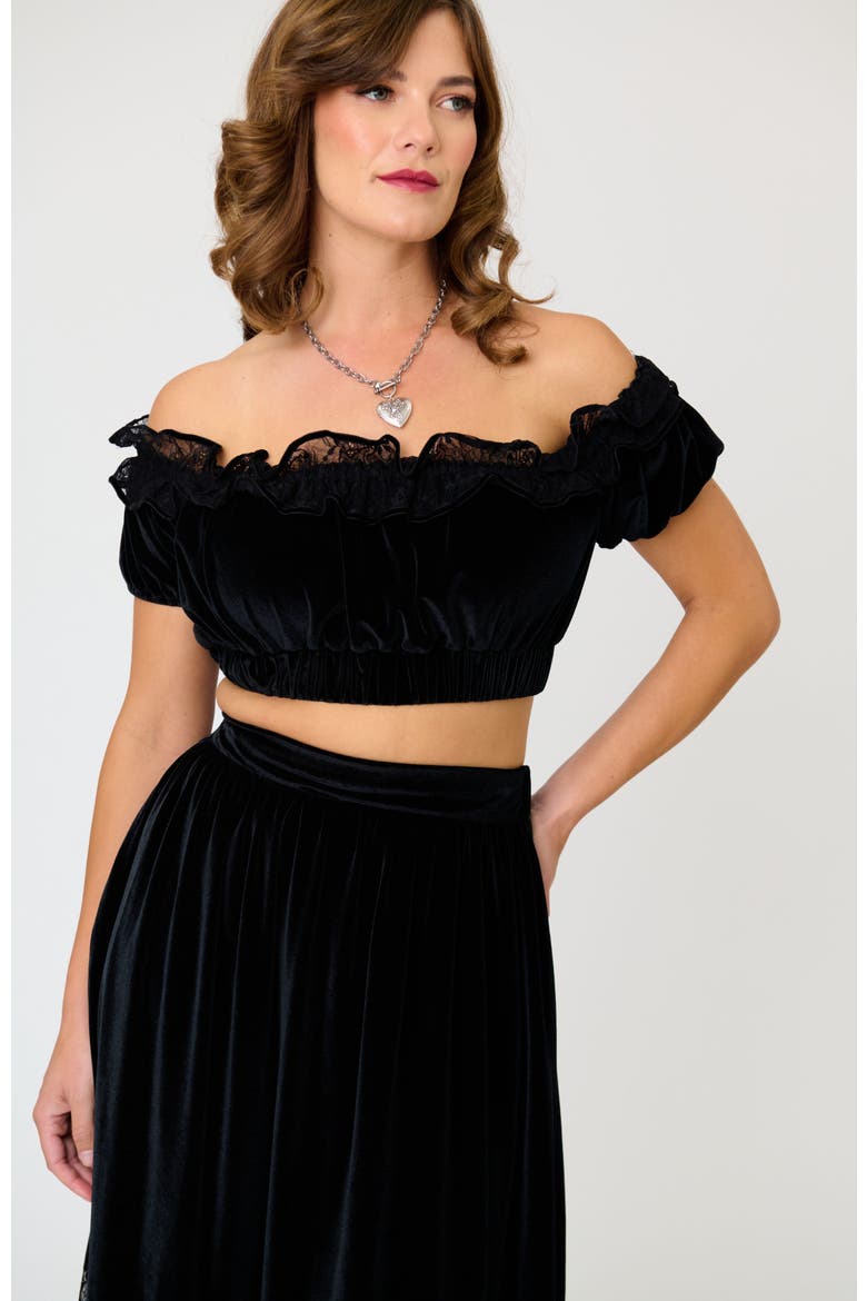1970s Off Ruffle Up Crop Top, Main, color, Black Solid