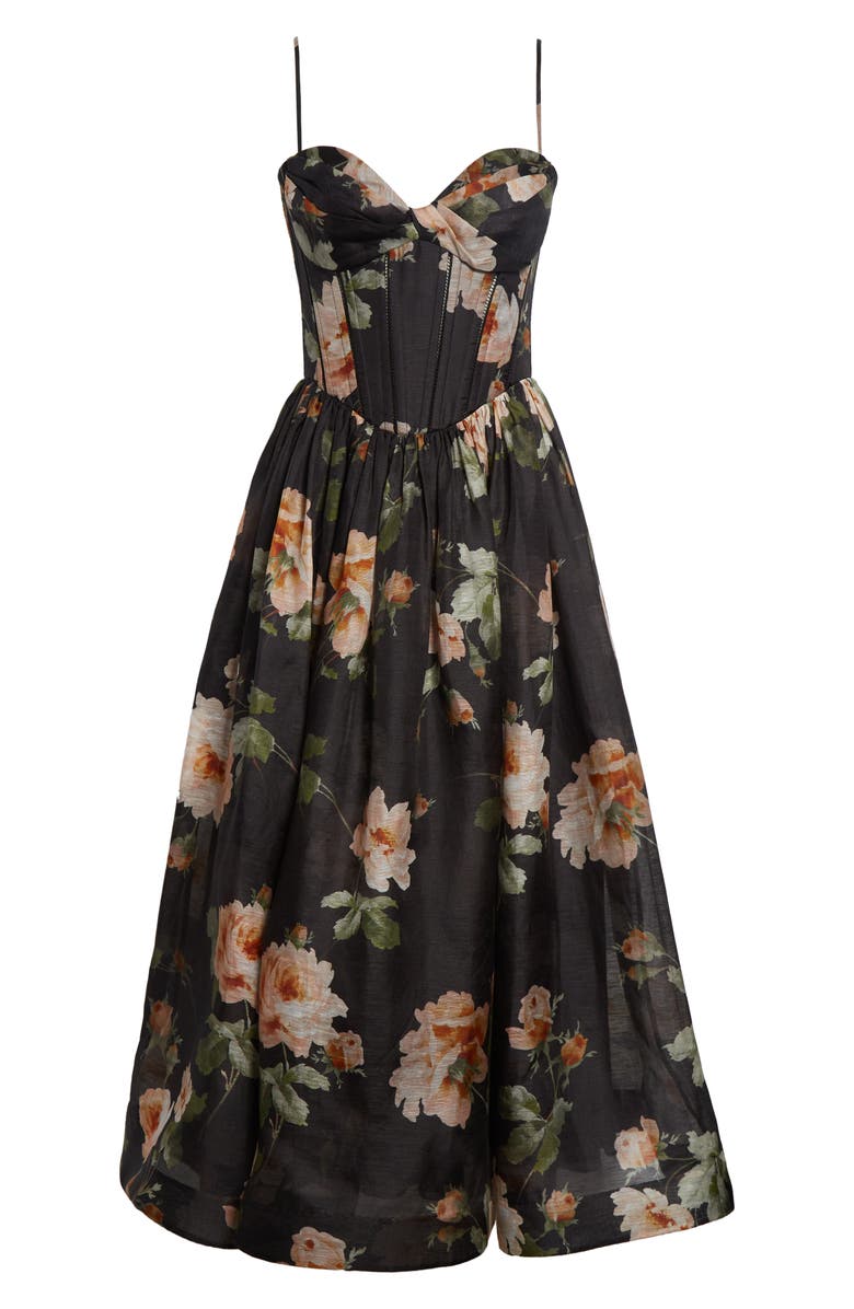 Zimmermann Kindred Spirit Luna Linen & Silk Organza Corset Midi Dress, Alternate, color, Black Rose