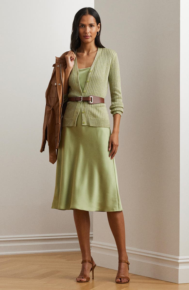 Lauren Ralph Lauren Metallic Linen Blend Rib Cardigan, Alternate, color, Light Olive