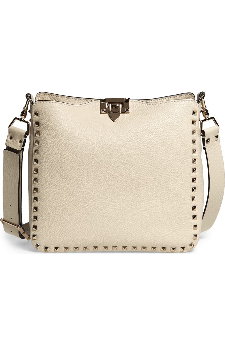 Valentino Garavani Small Rockstud Leather Hobo, Main, color,