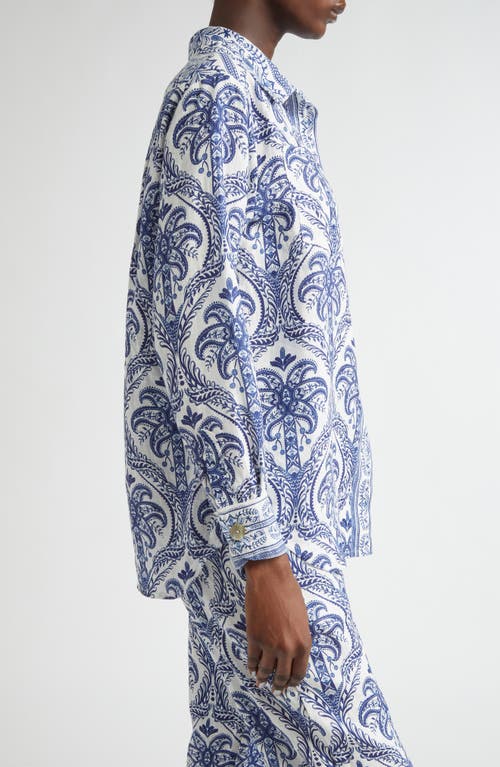 Shop Farm Rio Tropical Print Linen Blend Button-up Shirt In Off-white