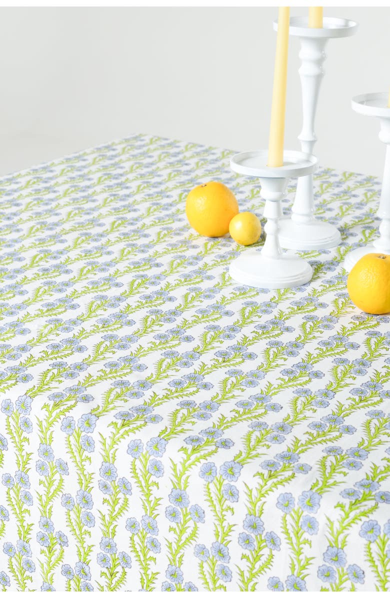 Inner Child Forget-Me-Not Scallop Embroidered Blockprint Tablecloth, Alternate, color, 60X90