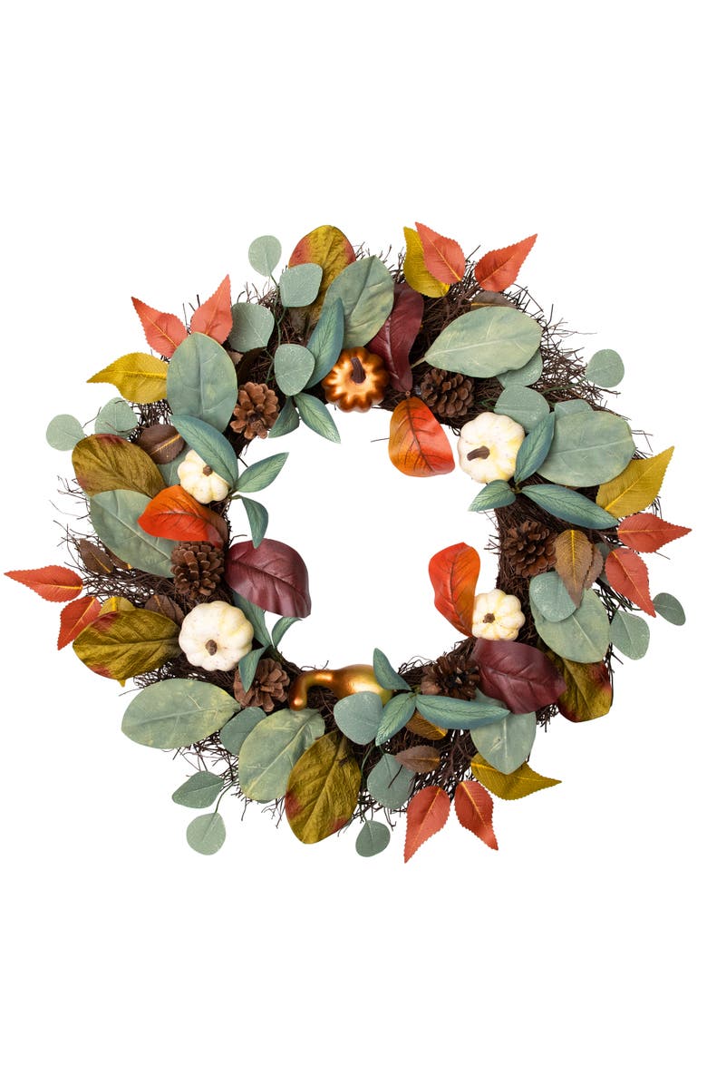 Northlight Pumpkin Pinecone and Gourd Artificial Fall Harvest Wreath - 24", Main, color, Green