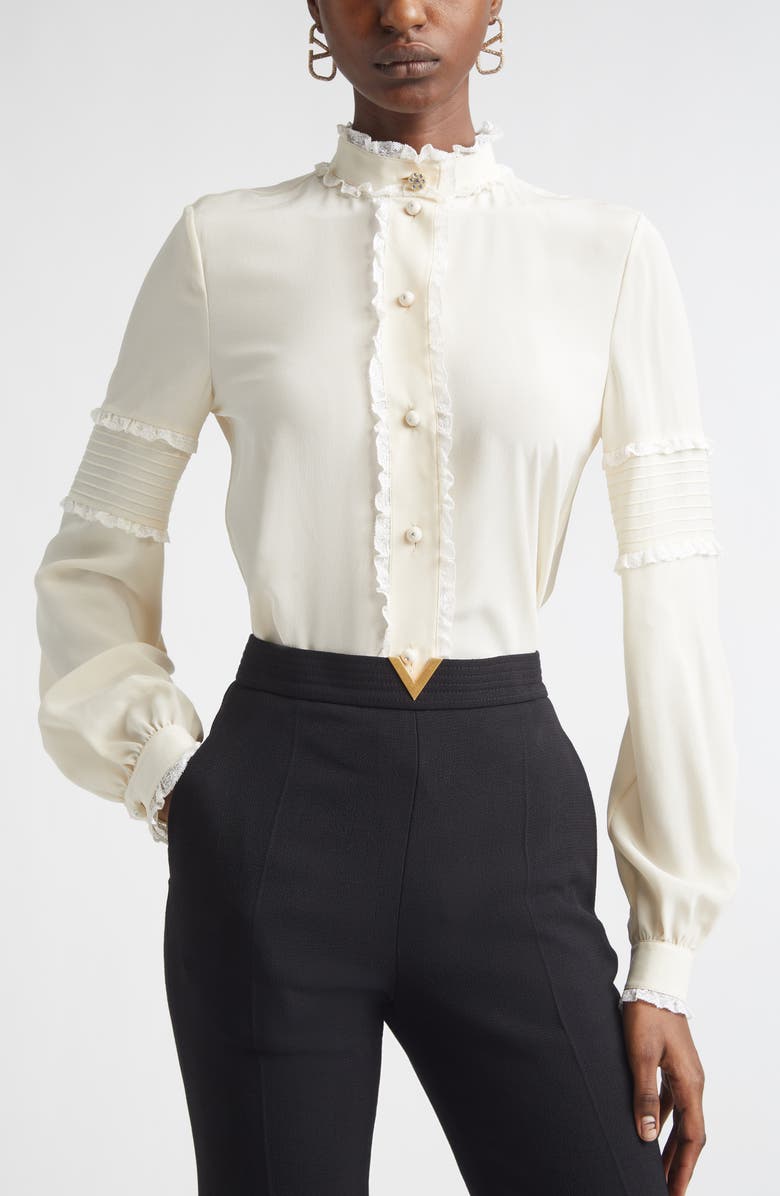 Valentino Lace Ruffle Silk Crêpe de Chine Button-Up Shirt, Alternate, color, Vanilla