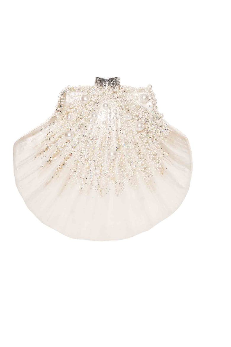 Glass Pearl Shimmer Fan Shell Ornament, Alternate, color, White