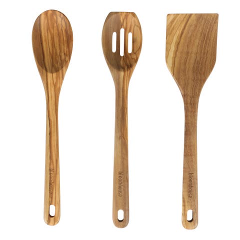 Italian Olive Wood Extra-Large Turner, Spoon, and Slotted Spoon Set