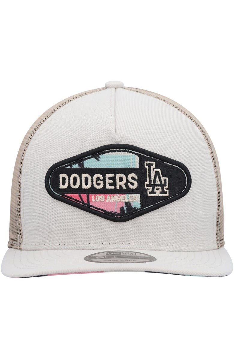 New Era Men's New Era Natural Los Angeles Dodgers Retro Beachin' Patch A-Frame Trucker 9FIFTY Snapback Hat, Alternate, color, 
