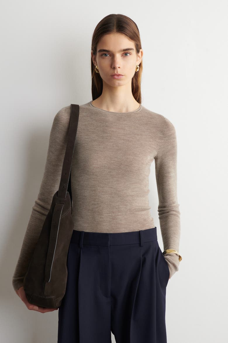 Seamless Merino Wool Long-Sleeved Top, Main, color, BEIGE MÉLANGE