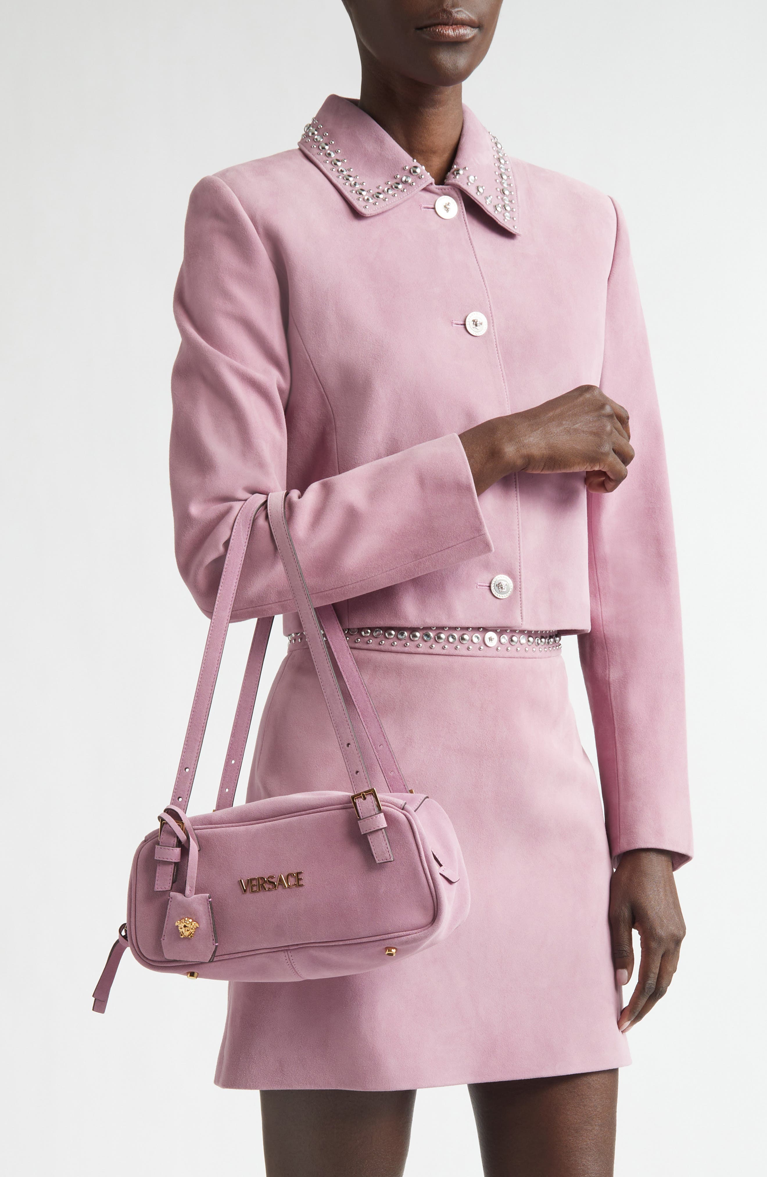 Versace Logo East/West Suede Shoulder Bag, Alternate, color, Dusty Mauve Gold