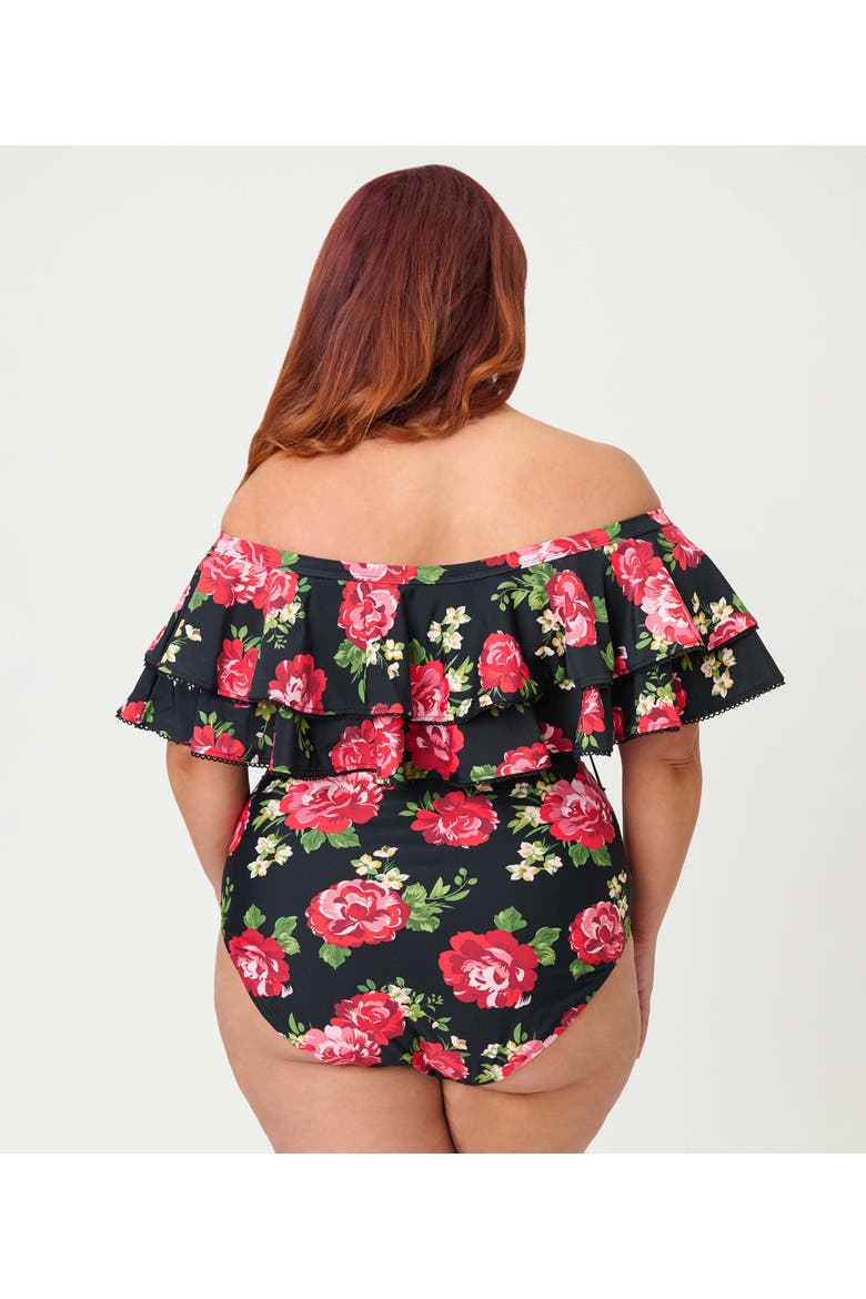 Off Shoulder Nantucket Swimsuit, Alternate, color, Black Cabbage Rose Print