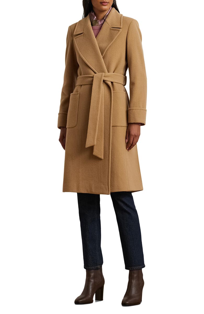 Lauren Ralph Lauren Belted Wool & Cashmere Blend Wrap Coat, Main, color, Camel