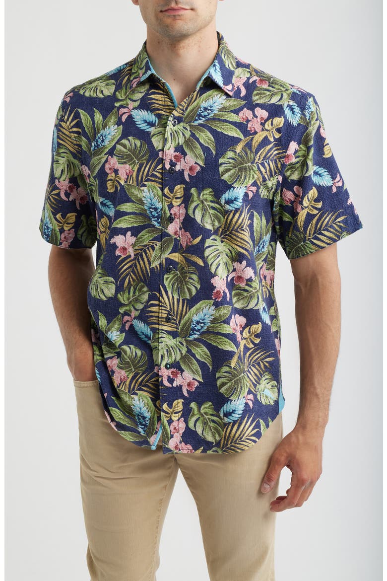 Nova Wave Selva Gardens Floral Short Sleeve Seersucker Button-Up Shirt, Main, color, COASTLINE