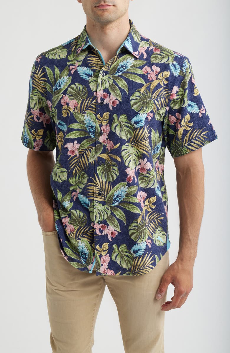 Tommy Bahama Nova Wave Selva Gardens Floral Short Sleeve Seersucker Button-Up Shirt, Main, color, Coastline