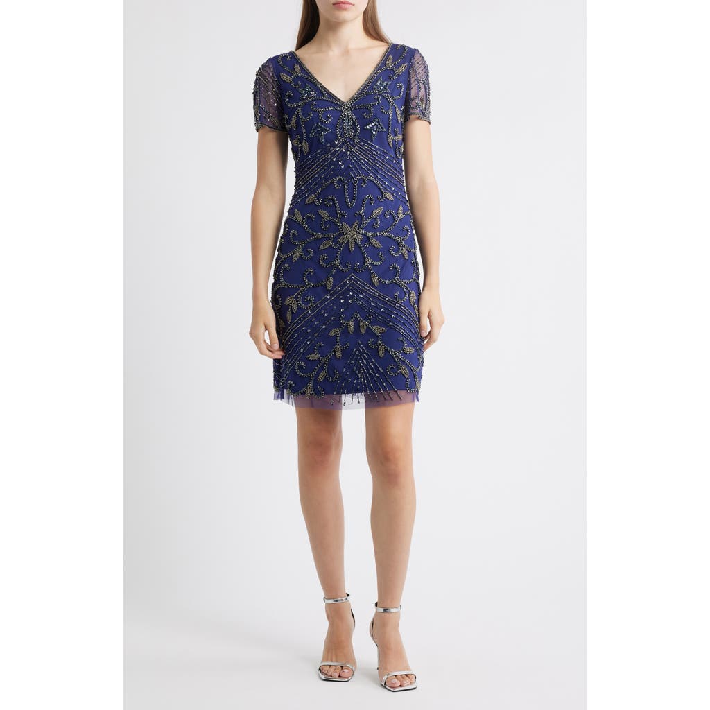 Pisarro Nights Beaded Double V-neck Dress In Blue