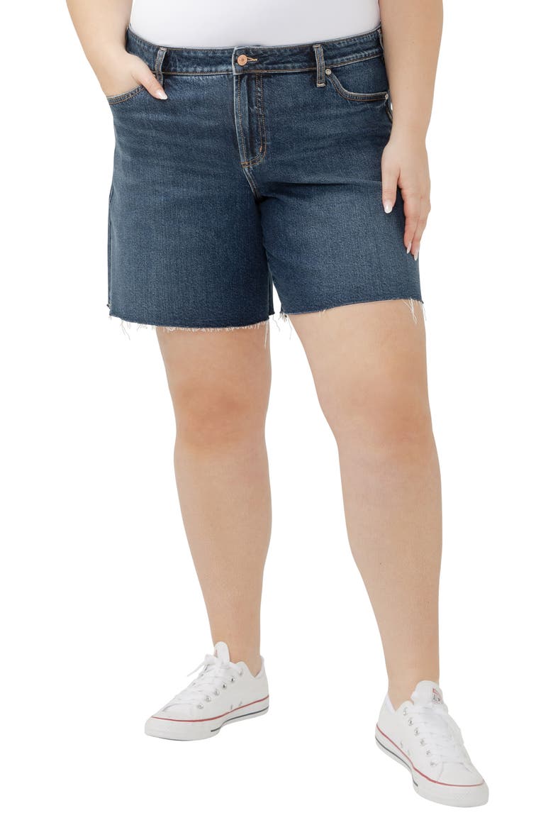 Suki Curvy Raw Hem Mid Thigh Denim Shorts, Main, color, BROOKS