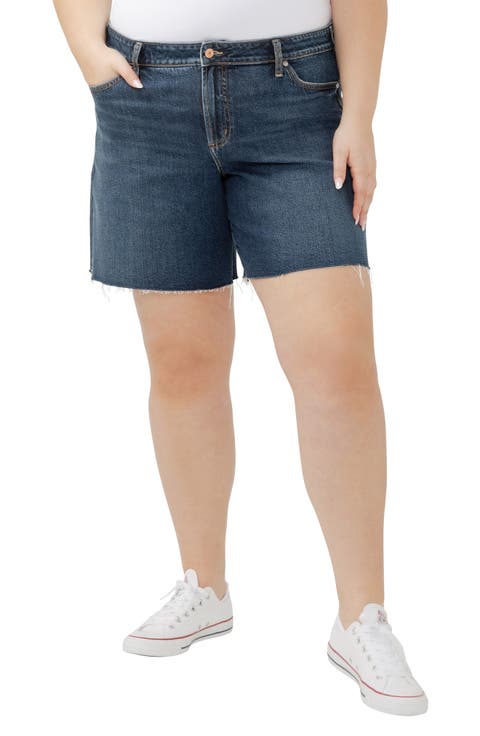 Suki Curvy Raw Hem Mid Thigh Denim Shorts (Brooks) (Plus)
