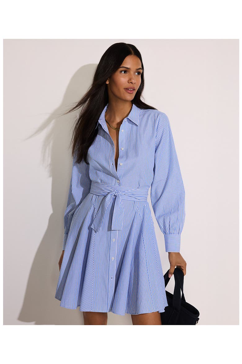 Poplin Button Front Dress with Godets, Alternate, color, Blue/White Mini Stripe
