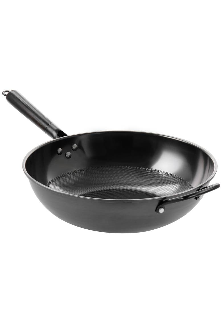 Debossed 13 Inch Heavy Gauge Carbon Steel Wok, Main, color, Black