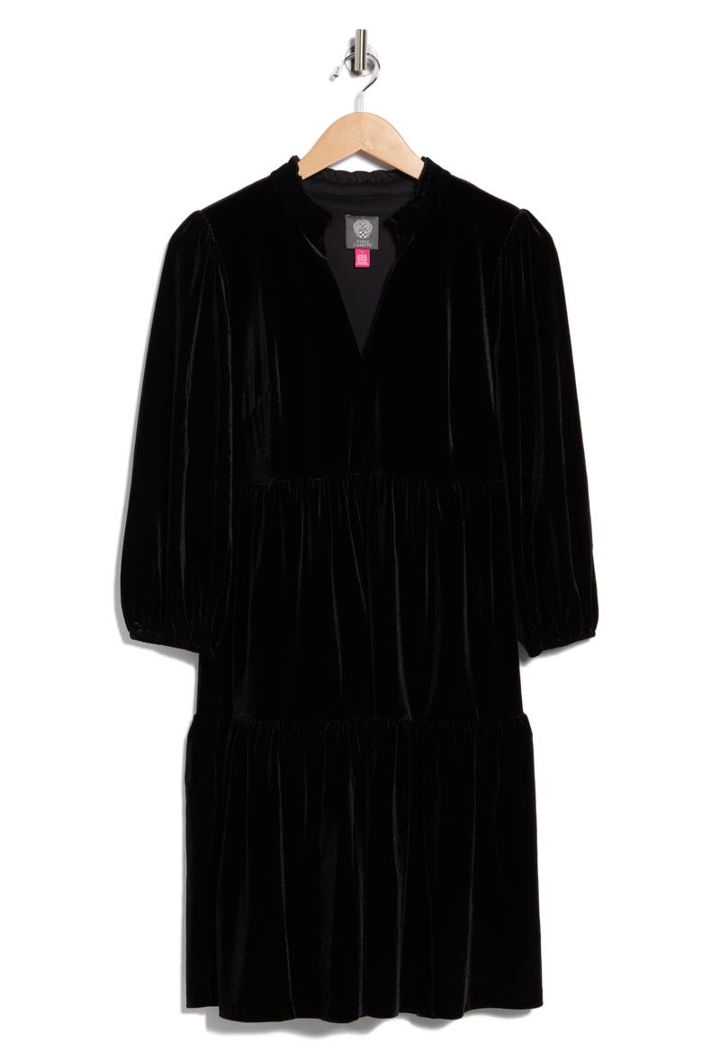Puff Sleeve Tiered Velvet Dress, Alternate, color, BLACK