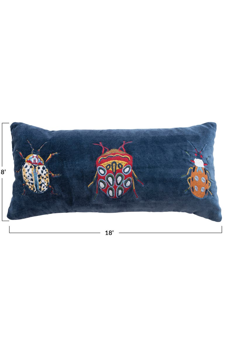 Cotton Velvet Embroidered Lumbar Pillow with Beetles and Chambray Back, Multicolor, Alternate, color, Blue