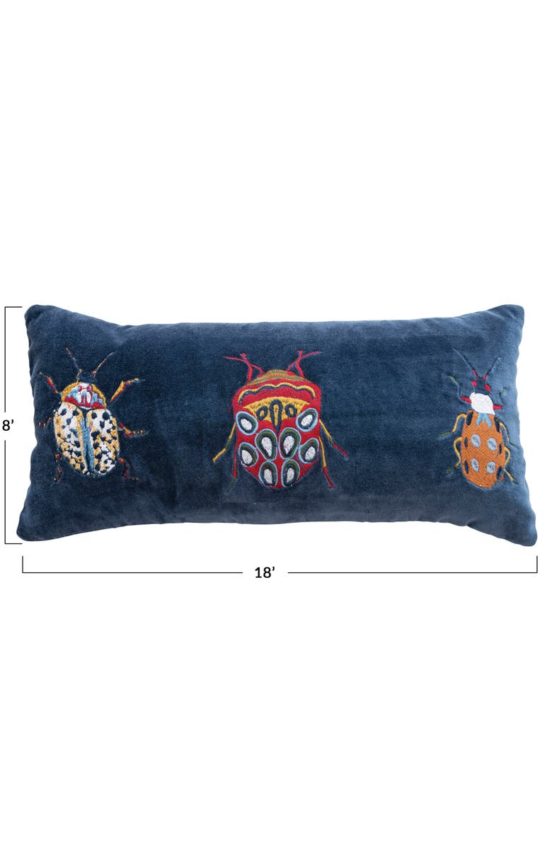 Storied Home Cotton Velvet Embroidered Lumbar Pillow with Beetles and Chambray Back, Multicolor, Alternate, color, Blue