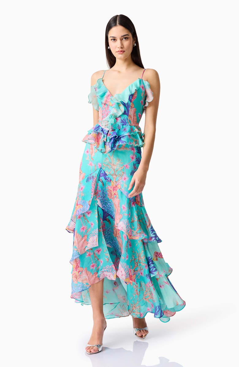 Elliatt Coral Print Tiered High-Low Gown, Alternate, color, Blue Multi