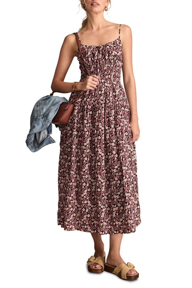 Floral Shirred Bodice Midi Sundress, Alternate, color, CHOCOLATE FLORAL