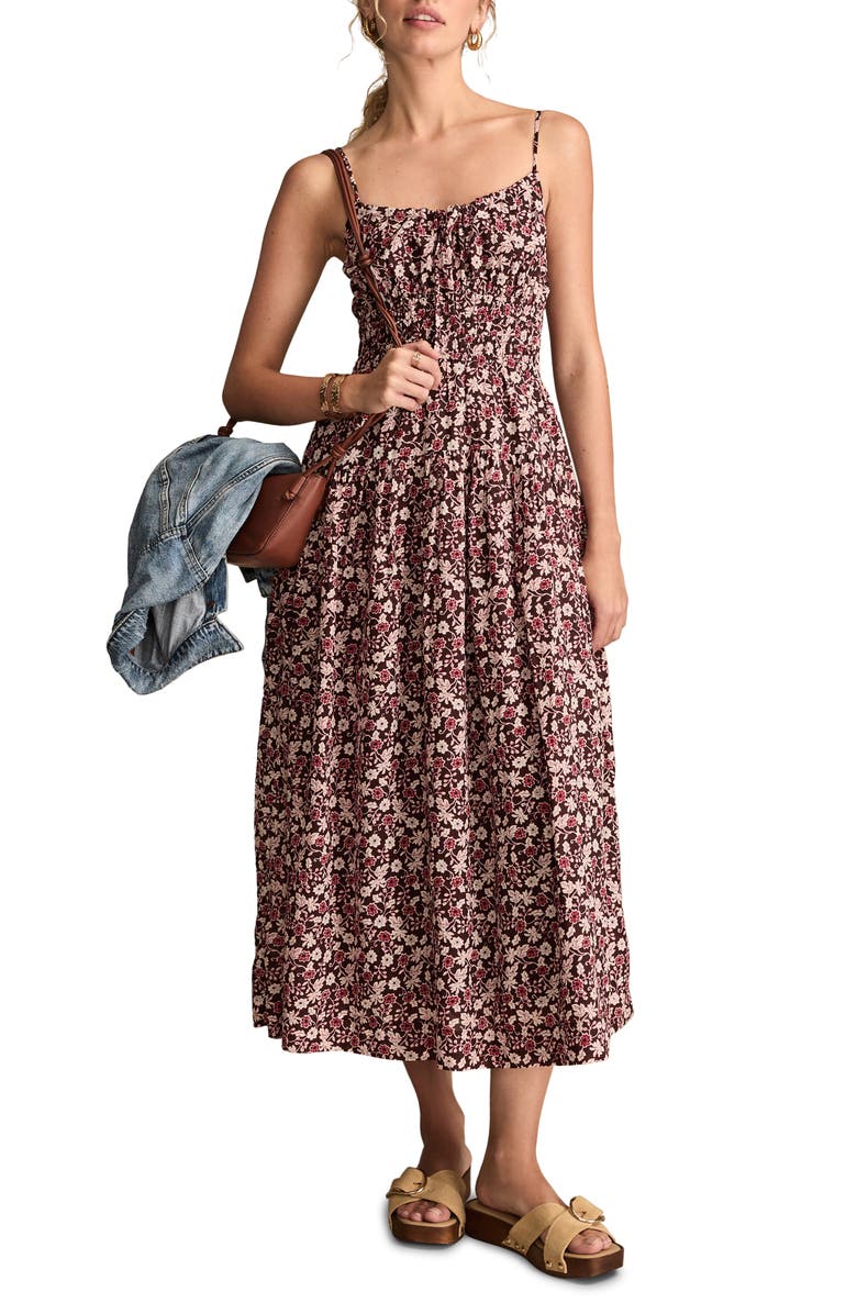 Lucky Brand Floral Shirred Bodice Midi Sundress, Alternate, color, Chocolate Floral