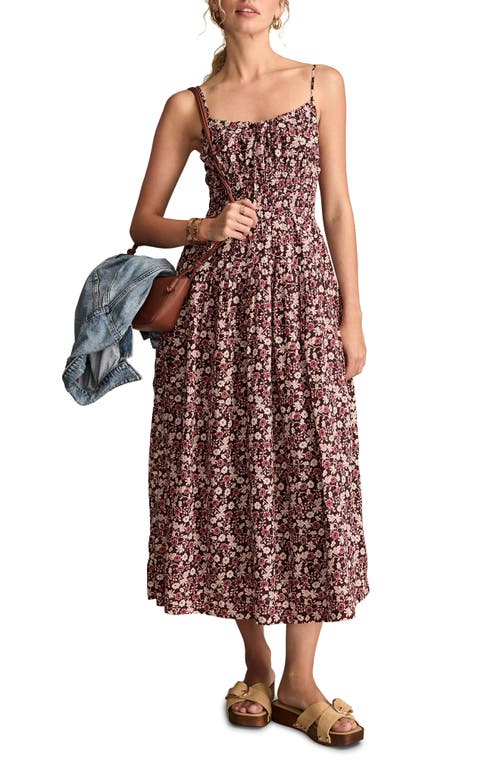 Lucky Brand Floral Shirred Bodice Midi Sundress In Brown