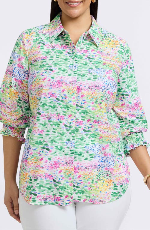 Foxcroft Olivia Floral Smocked Cuff Linen Blend Button-up Shirt In Ivory Multi