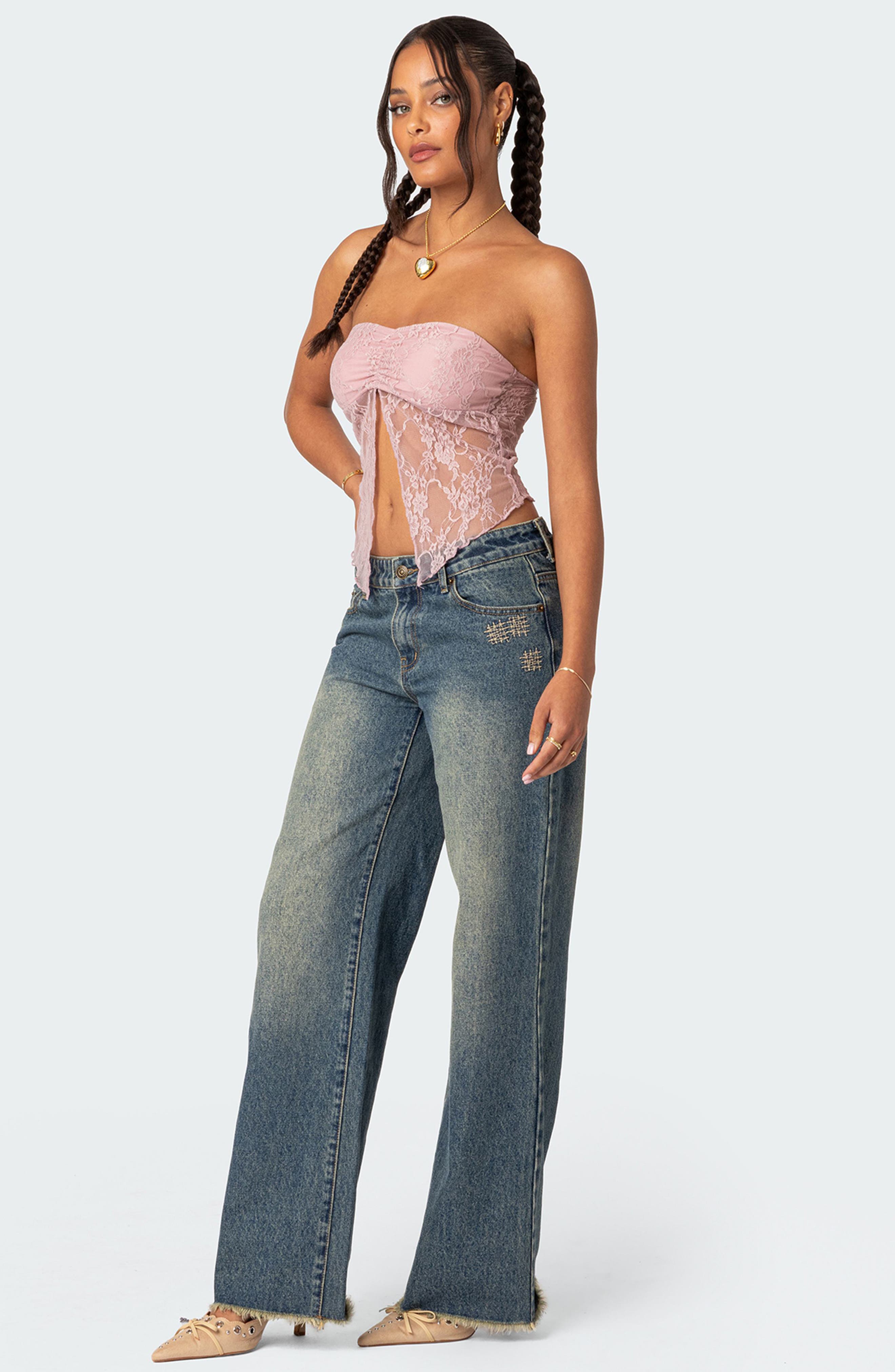 EDIKTED Twilight Strapless Lace Split Front Crop Top (Women
