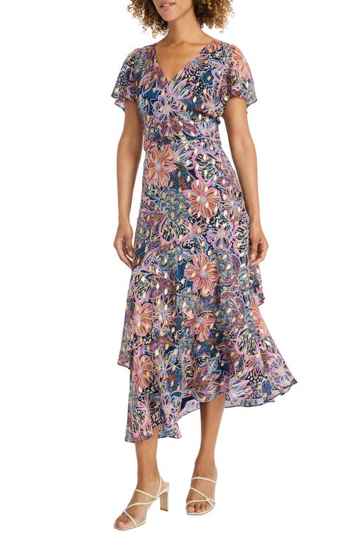 Maggy London Metallic Floral Tiered Ruffle Asymmetric Dress