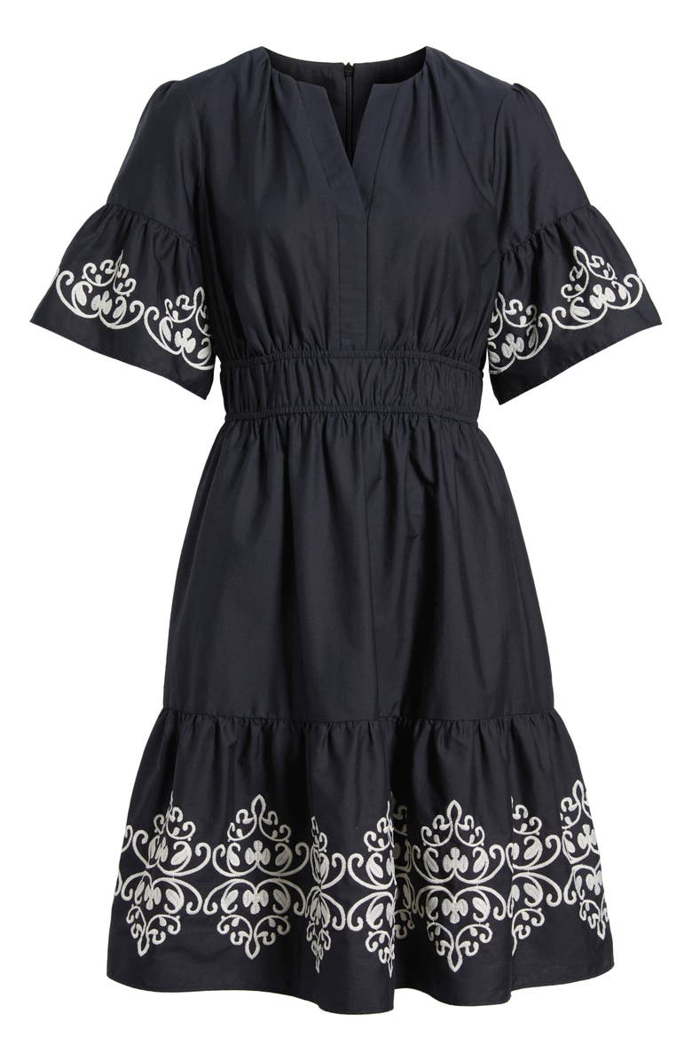 Vince Camuto Embroidered Smocked Waist Dress, Alternate, color, Black