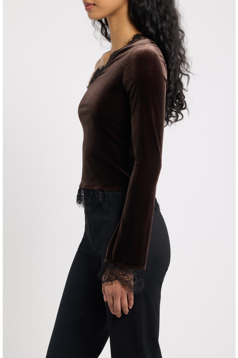 Reliquia Lace Trim One Shoulder Stretch Velvet Top, Alternate, color, CHOCOLAT