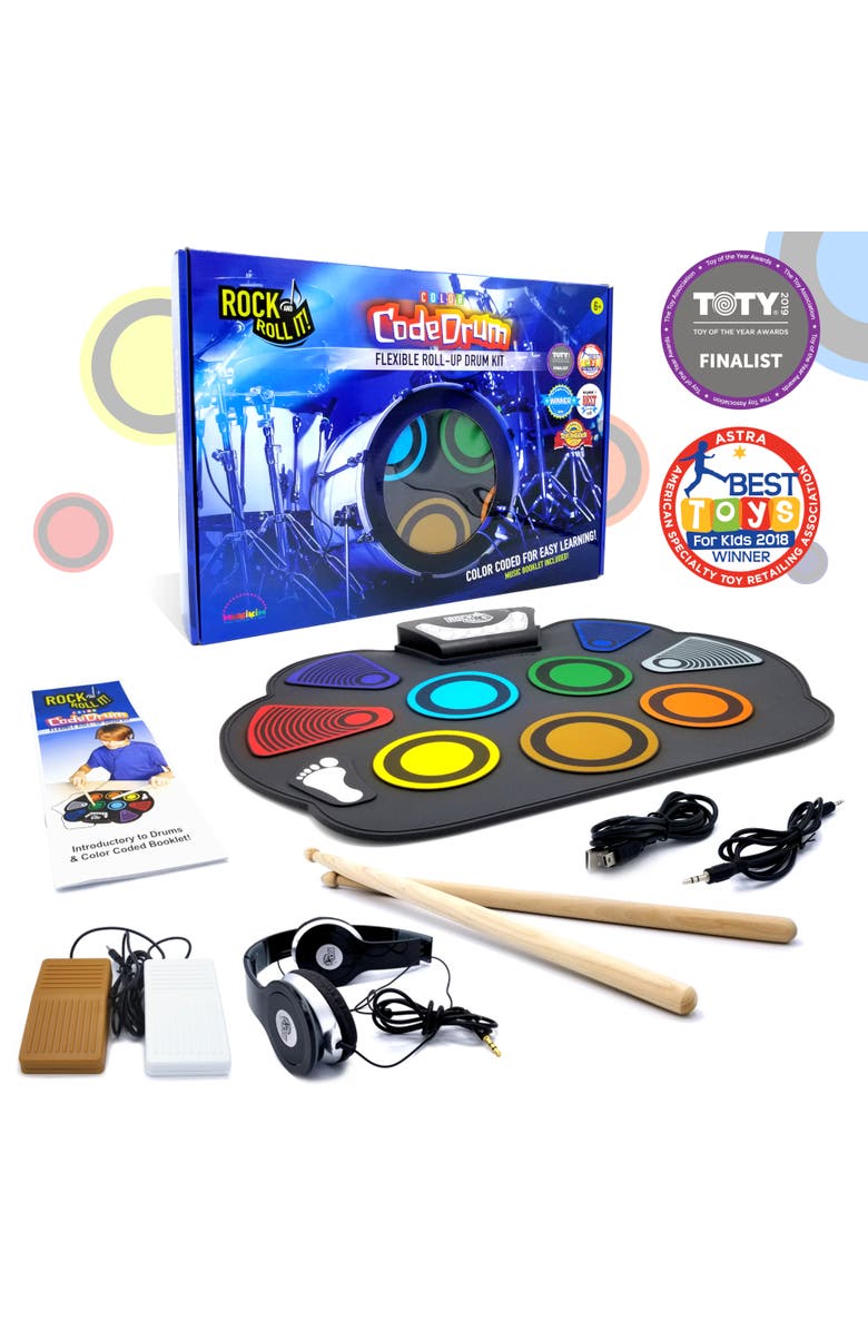 Mukikim Rock And Roll It CodeDrum. Flexible Roll-Up Color Coded Electric Drum Kit, Easy Learning & Play for Beginners! Portable, battery OR USB. Drumsticks+Bass Drum/Hi Hat pedals+Headphones+Music Book, Main, color, Black