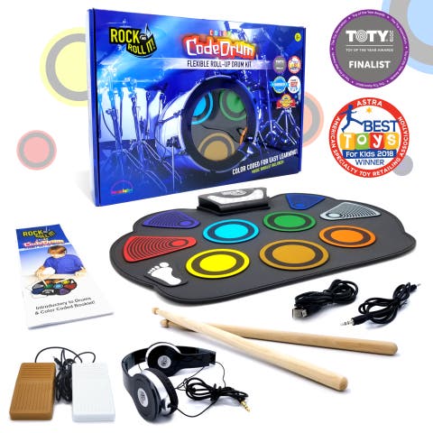 Rock And Roll It CodeDrum. Flexible Roll-Up Color Coded Electric Drum Kit, Easy Learning & Play for Beginners! Portable, battery OR USB. Drumsticks+Bass Drum/Hi Hat pedals+Headphones+Music Book